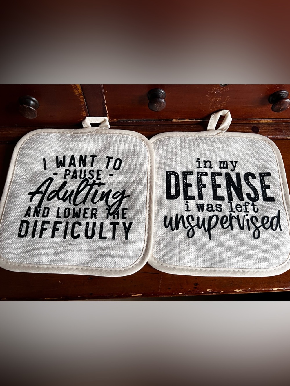 Humorous Cotton Pot Holder Set - Cream with Black Text